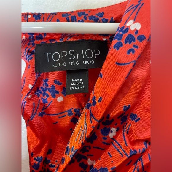 Topshop Women's Satin Floral Red Midi 2 Front Slits Split Back Neckline size 6 - Picture 5 of 9